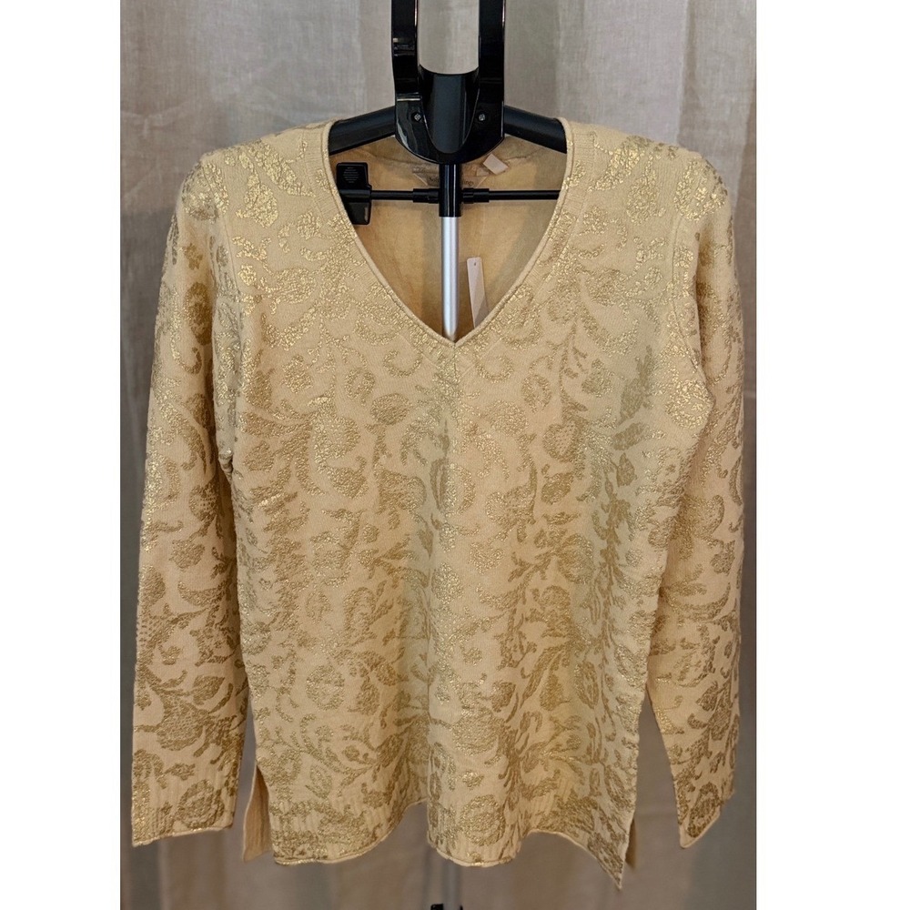 Soft Surroundings M Gold Metallic Floral V Neck Wool Blend Sweater Tunic NWT